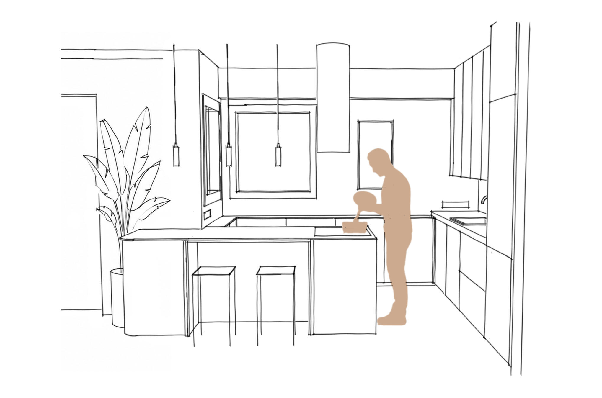 Perspective de projet cuisine - Le Point Cuisine par Senau Esquisse en perspective d'une cuisine avec îlot, suspension et silhouette pour visualiser les volumes et l’équilibre général du projet.