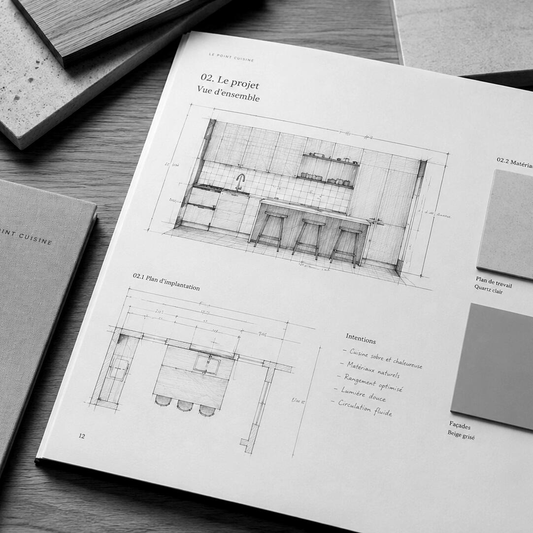 Aperçu du document de conception cuisine - Le Point Cuisine par Senau Document Le Point Cuisine ouvert sur un plan d'implantation coté, une élévation dessiné au crayon et une sélection de matériaux quartz et façades beige grisé