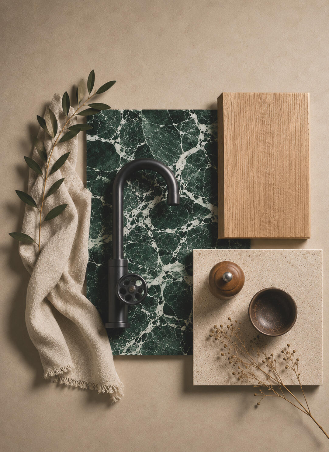 Sélection de matériaux cuisine - Le Point Cuisine par Senau Planche matériaux cuisine avec échantillon de marbre vert, chêne naturel, pierre calcaire beige et robinet noir mat - sélection adapté au projet