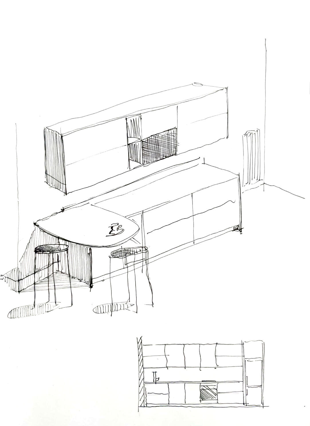 Croquis à main levé d'une cuisine linéaire avec meuble haut, espace repas intégré, accompagné d'une élévation frontale.