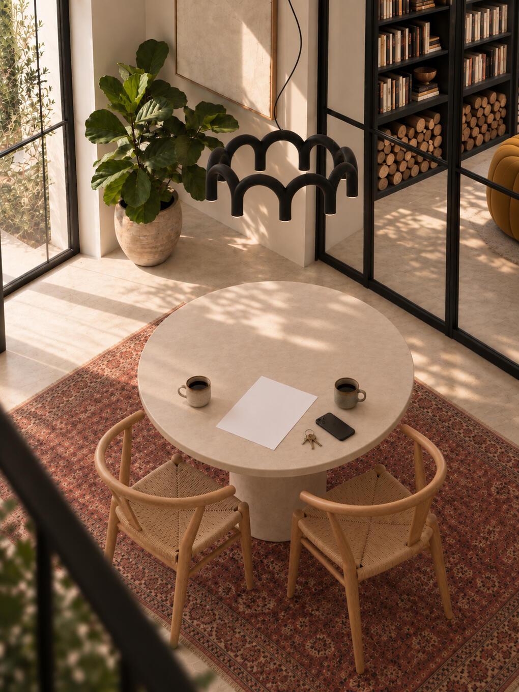 Vue réaliste d'un intérieur moderne, tapis persan, chaise en chêne, et table ronde minéral et suspension arch en métal noir.